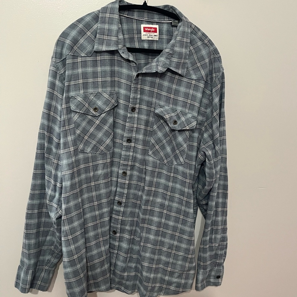 Wrangler Men's Blue Gray Checkered Button Down Shirt XXL